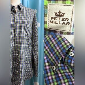 Peter Millar plaid pink blue green plaid button down shirt- L